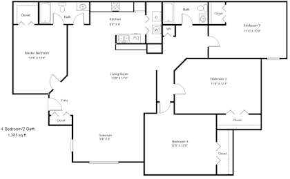 A floor plan of a house with a master bedroom and four other bedrooms.