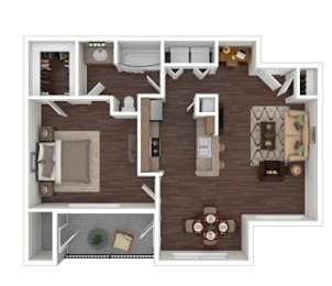 A 3D floor plan of a house showing a kitchen, living room, dining room, and two bedrooms.