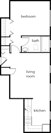 A floor plan of a small apartment with a bedroom, bathroom, living room, and kitchen.