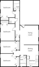 A floor plan of a house with a living room, dining room, kitchen, and four bedrooms.