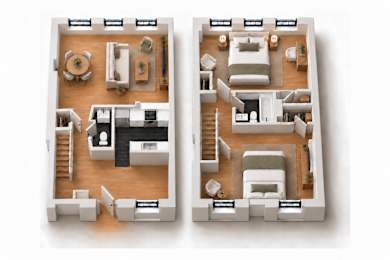 Two images of a dollhouse interior.