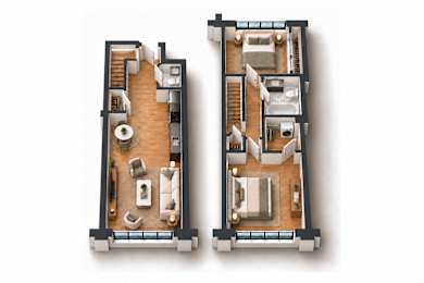 Two floor plans of a house with a living room, kitchen, and bedrooms.
