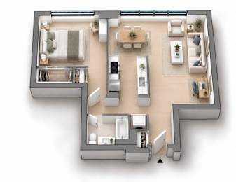 A 3D floor plan of a house with a kitchen, living room, dining room, and bathrooms.