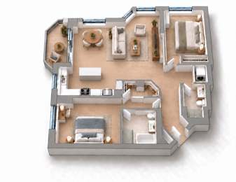 A top-down view of a house layout with multiple rooms and furniture.