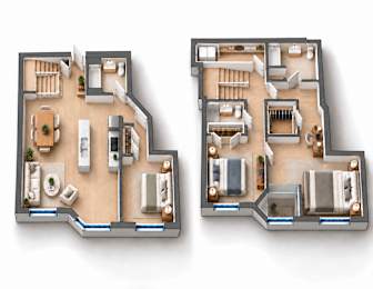 Two images of a house layout with a kitchen, living room, and bathrooms.
