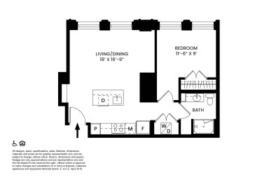 D- One Bedroom Floor plan at The Stott, Detroit, Michigan.