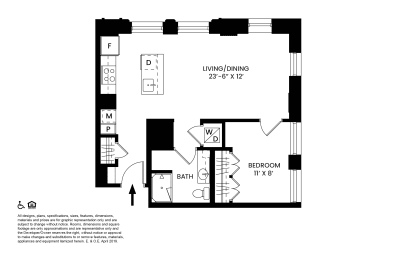 E- One Bedroom Floor Plan at The Stott, Detroit, Michigan.