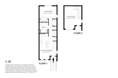A floor plan of a two-story apartment with a bedroom, living room, bathroom, and kitchen.