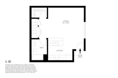 A floor plan of a studio apartment with a kitchen, bath, and entry patio.