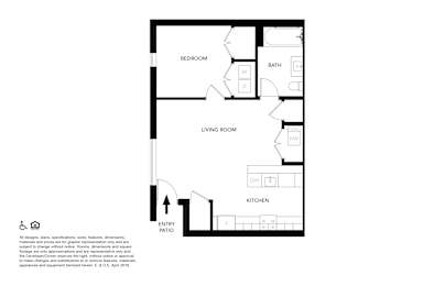 A floor plan of a small apartment with a bedroom, living room, kitchen, and bathroom.