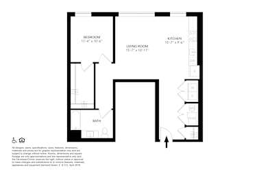 A floor plan of a small apartment with a bedroom, living room, kitchen, and bathroom.