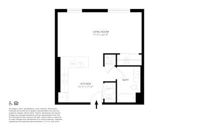 A floor plan of a small apartment with a living room, kitchen, and bathroom.