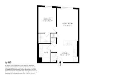 A floor plan of a small apartment with a bedroom, living room, kitchen, and bathroom.