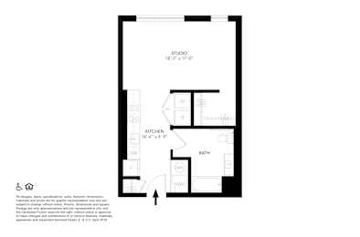 A floor plan of a studio apartment with a kitchen and bath.