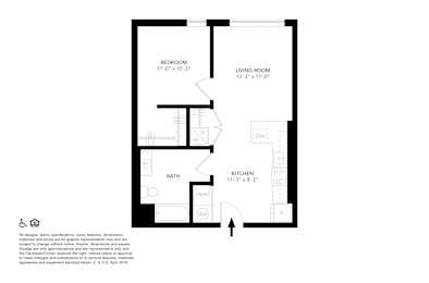 A floor plan of a small apartment with a bedroom, living room, kitchen, and bathroom.