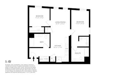 A black and white image of a floor plan for a home with two bedrooms, a living/dining area, a kitchen, a bathroom, and an ensuite.