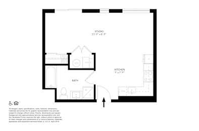 A floor plan of a studio apartment with a kitchen and bathroom.