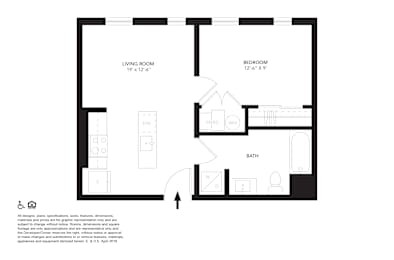 A floor plan of a small apartment with a living room, bedroom, and bathroom.