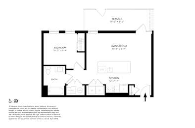 A floor plan of a house with a bedroom, bathroom, living room, and kitchen.