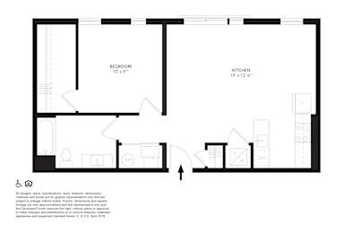 A floor plan of a room with a bedroom, a kitchen, and a bathroom.