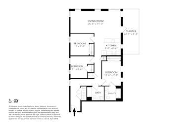 A black and white image of a floor plan for a house with a living room, terrace, kitchen, and four bedrooms.