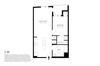 A floor plan of a small apartment with a living room, bedroom, bathroom, and kitchen.