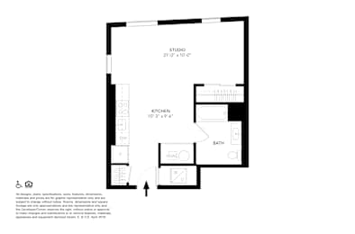 A floor plan of a studio apartment with a kitchen and bathroom.