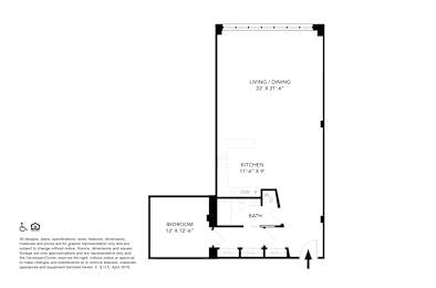 A floor plan of a small apartment with a living room, kitchen, bedroom, and bathroom.