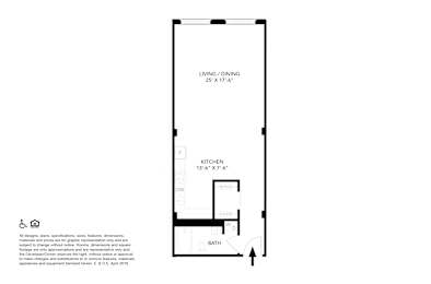 A floor plan of a living/dining room with a kitchen and bathroom.