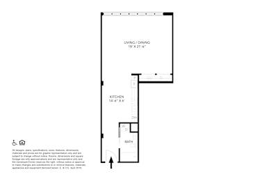 A floor plan of a small apartment with a living and dining area, a kitchen, and a bathroom.