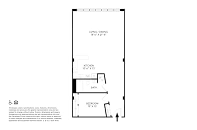 A floor plan of a small apartment with a kitchen, living room, and bathroom.