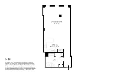 A floor plan of a small apartment with a kitchen, bathroom and living/dining area.