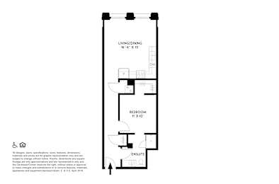 A floor plan of a small apartment with a living room, bedroom, and ensuite bathroom.
