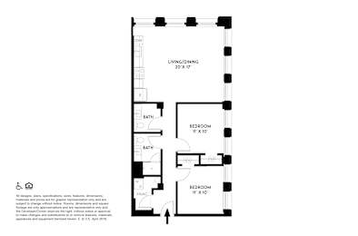 A floor plan of a living/dining area and two bathrooms.