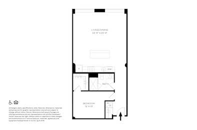 A floor plan of a small apartment with a living room, dining area, bathroom, and bedroom.
