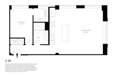 A black and white image of a floor plan for a small apartment.
