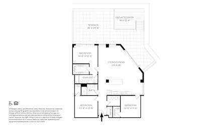 A floor plan of a house with a living room, two bedrooms, a bathroom, and an elevated deck.