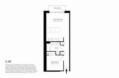 A floor plan of a balcony, living room, bath, and bedroom.