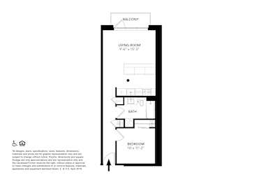 A floor plan of a one bedroom apartment with a living room, bathroom and balcony.