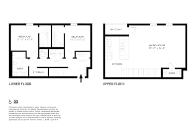 A floor plan of a two-story house with two bedrooms, a living room, a kitchen, a bathroom, and storage.