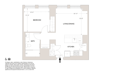 O One Bedroom Floor Plan at Book Tower, Detroit, MI, 48226