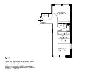 A floor plan of a small apartment with a bedroom, bathroom, kitchen, and living room.