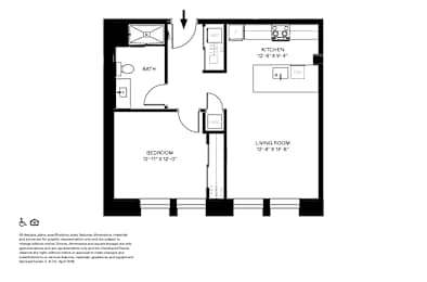 A floor plan of a small apartment with a kitchen, living room, and two bedrooms.