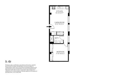 A floor plan of a small apartment with a kitchen, living room, and bath.
