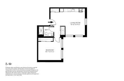 A floor plan of a small apartment with a living room, bedroom, and bathroom.