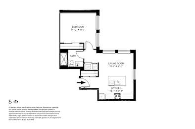 A floor plan of a small apartment with a bedroom, living room, and kitchen.