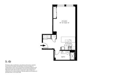 A black and white image of a floor plan for a studio apartment.
