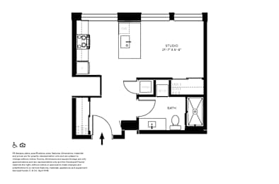 A floor plan of a studio apartment with a bathroom and a kitchenette.