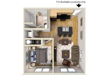 a bedroom with a living room and a dining room