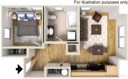 a room with a bedroom and a kitchen and a living room